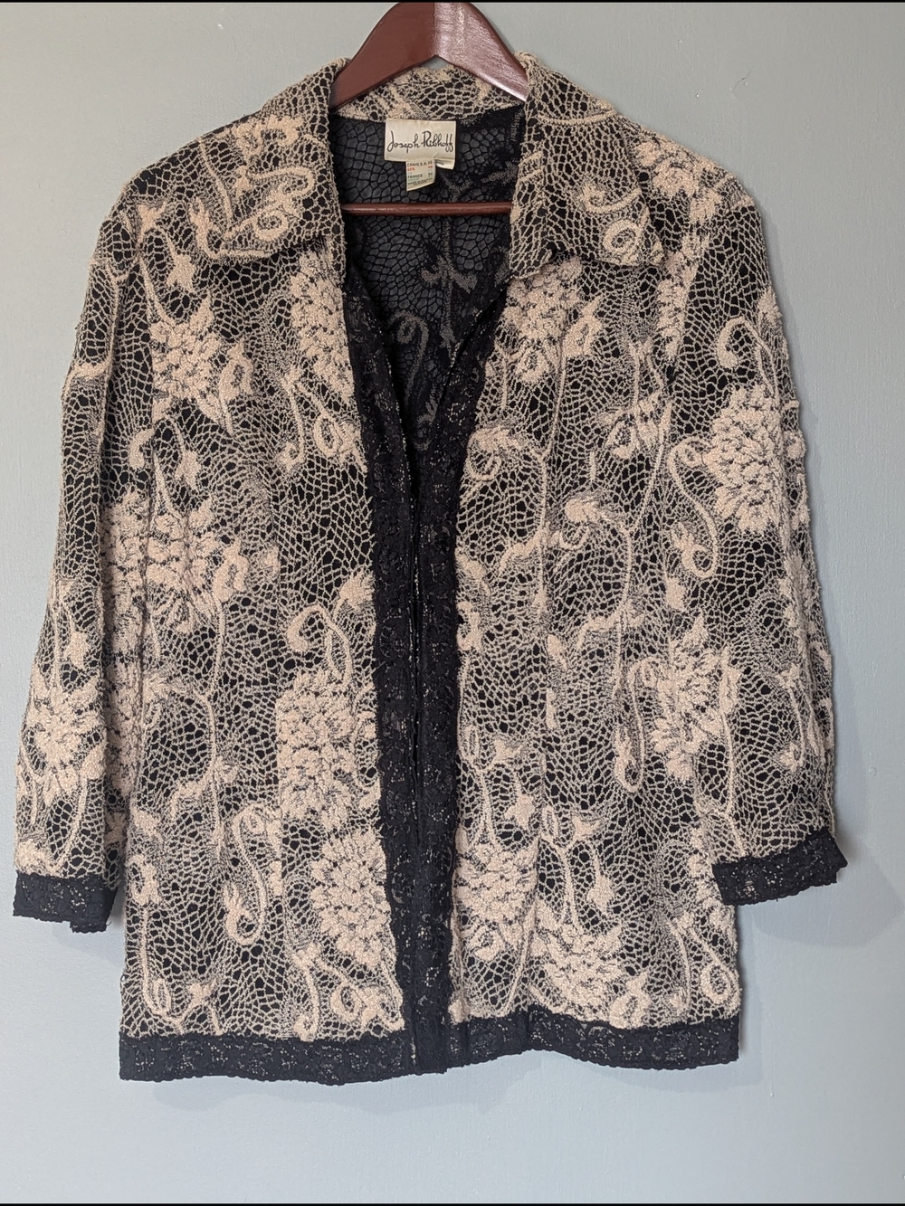 Joseph Ribkoff Black & Beige Floral Lace Jacket 3/4 Sleeves Vintage Coquette